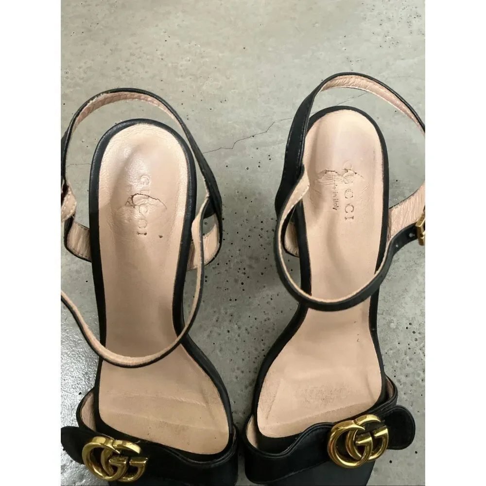 Gucci GG Marmont Leather Sandal Heels | Black in 40